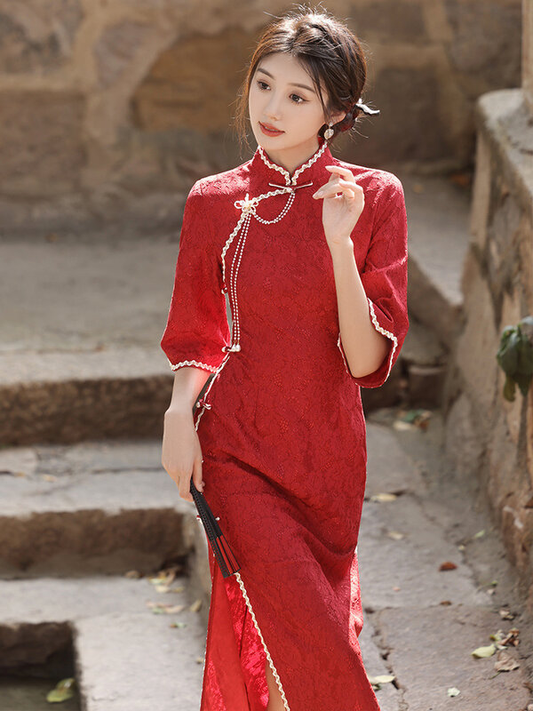 Vestido Cheongsam ajustado para mujer, tejido de encaje Jacquard, empalme de cuello alto, vestidos Qipao de estilo chino, moda de otoño, 2024