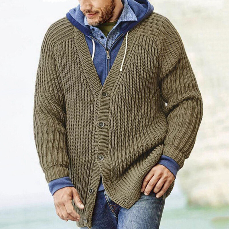 Suéter de punto grueso para hombre, chaqueta cálida de manga larga con cuello en V, abrigo informal de otoño e invierno