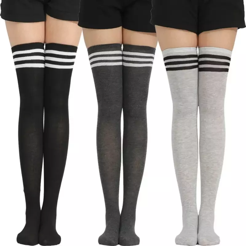 Calcetines altos hasta el muslo para mujer, medias largas a rayas blancas y negras, por encima de la rodilla, cálidas, Lolita