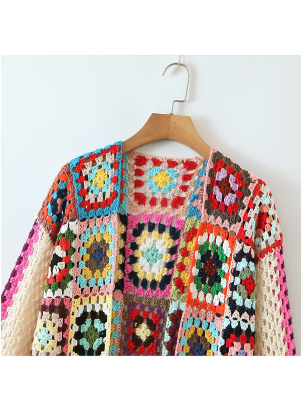 Suéter elegante de manga larga para mujer, cárdigan a cuadros de abuela completamente tejido a mano, Top elegante, 2023