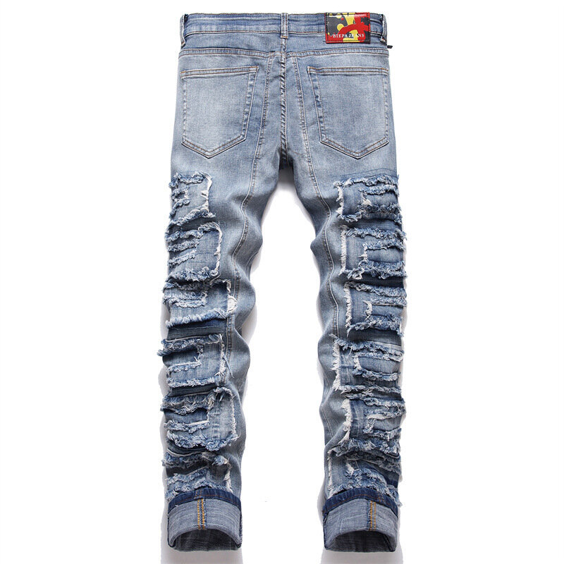 2023 Jeans Robek Punk Pria Fashion Baru Celana Denim Patchwork Lubang Biru Hip Hop Streetwear Celana Panjang Lurus Ramping