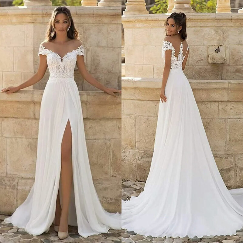 White Bridal Dress Deep VNeck Off Shoulder Sexy Side Slit Lace Applique Chiffon Train Summer Beach Occasion Wedding Formal Dress