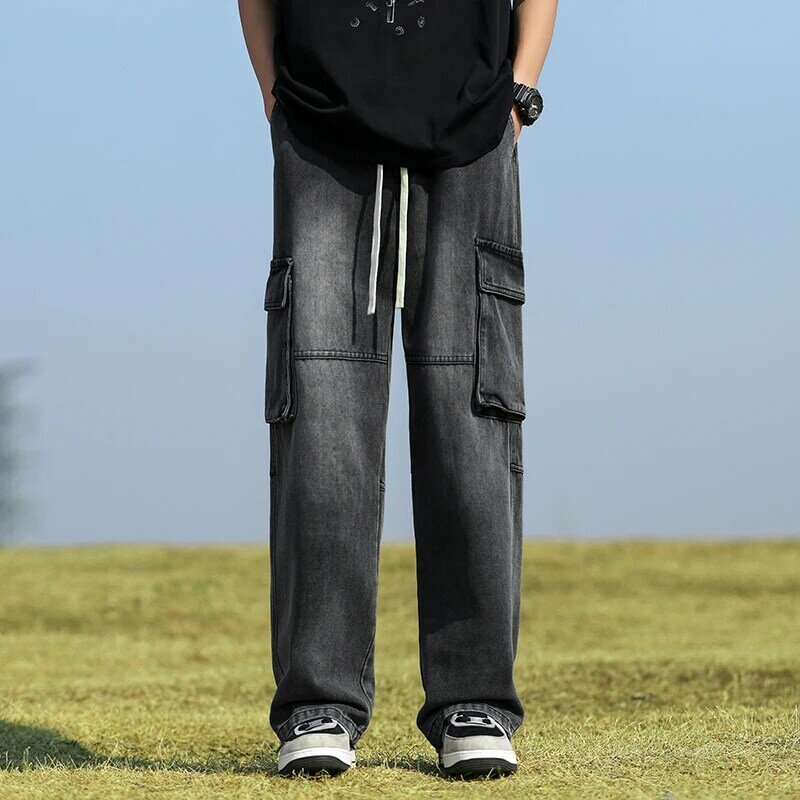 Джинсы-карго мужские с эластичным поясом, свободные прямые штаны в американском стиле, с карманами, в стиле High Street, весна-лето