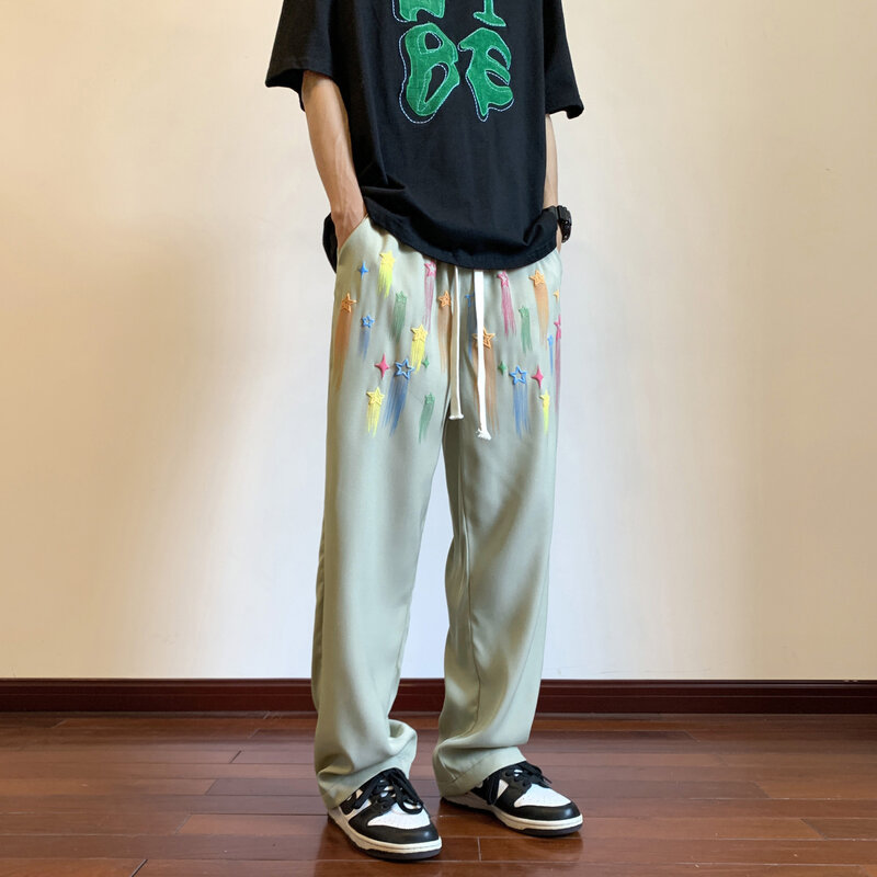Pantalones de chándal con grafiti de estrella de estilo coreano para hombre y mujer, pantalones de pierna ancha de seda de hielo Harajuku, ropa de calle a la moda, primavera y verano