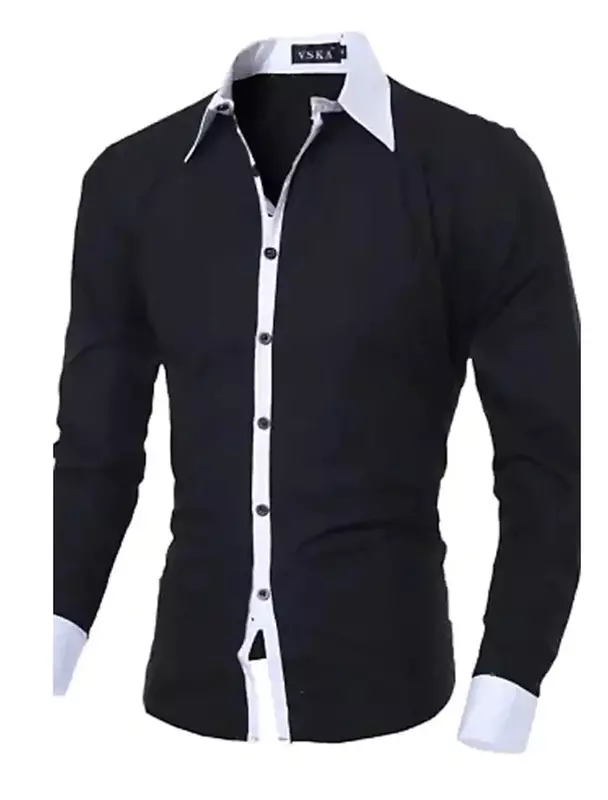 Camisa vestido de algodão manga longa masculina, lapela clássica, monocromática, slim fit, casual, negócio, escritório, profissional, cotidiano, top fashion