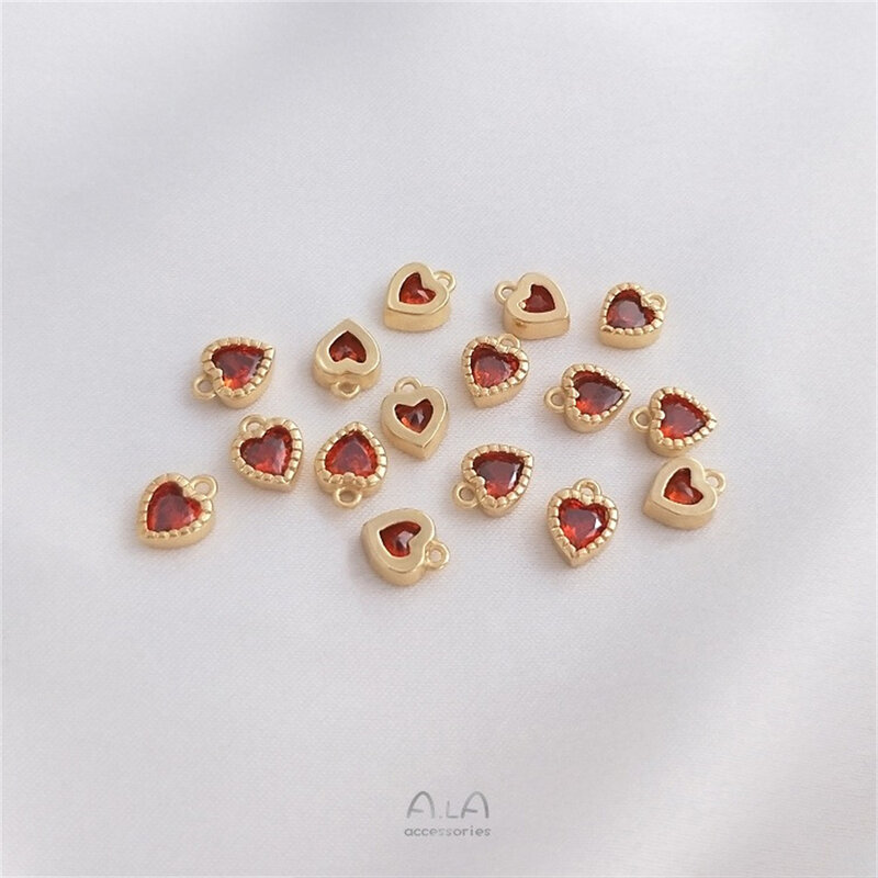 14K Gold Inlaid Large Red Zircon Peach Heart Pendant Handcrafted DIY Bracelet Ear Jewelry Small Heart Pendant K215