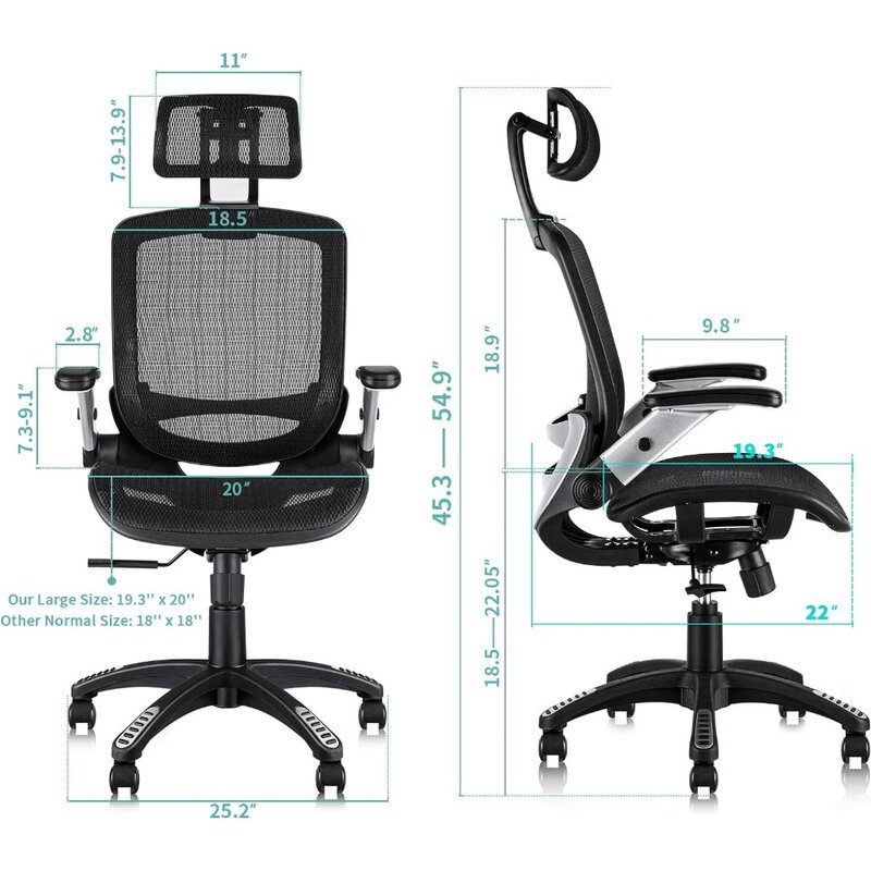 Эргономичный сетчатый офисный стул, стул с высокой спинкой-регулируемый подголовник с откидными ножками, функция наклона, поддержка поясницы