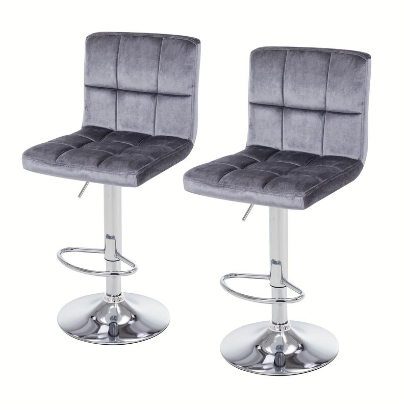 Барный стул с регулируемой высотой и квадратной спинкой, шарнирные барные стулья с металлическим шасси, серый (набор из 2) барный стул, регулируемый стул