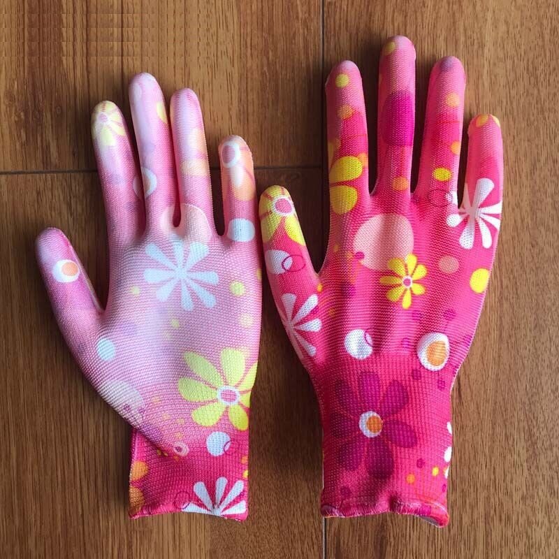 Garden Gloves Rubber Labor Insurance Wear-Resisting Flower Color Painted Palm Belt Glue Thin Section PU Nylon Sunscreen Women's