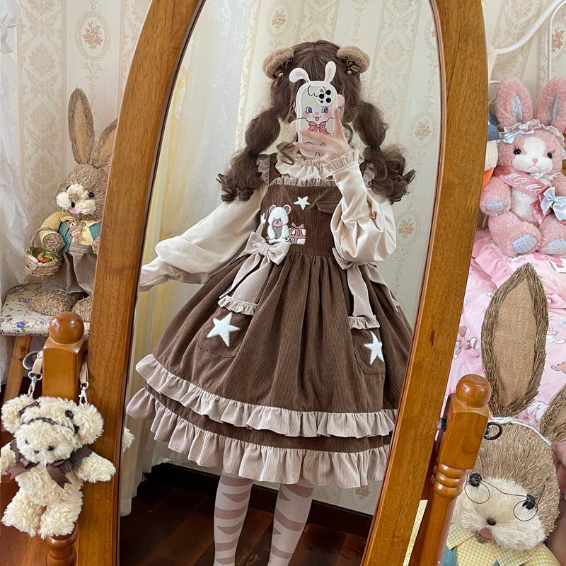 Vestido Kawaii de Lolita Jsk para mujer, vestidos de fiesta de princesa sin mangas con estampado de dibujos animados, bonito vestido de tirantes con volantes y lazo, Invierno