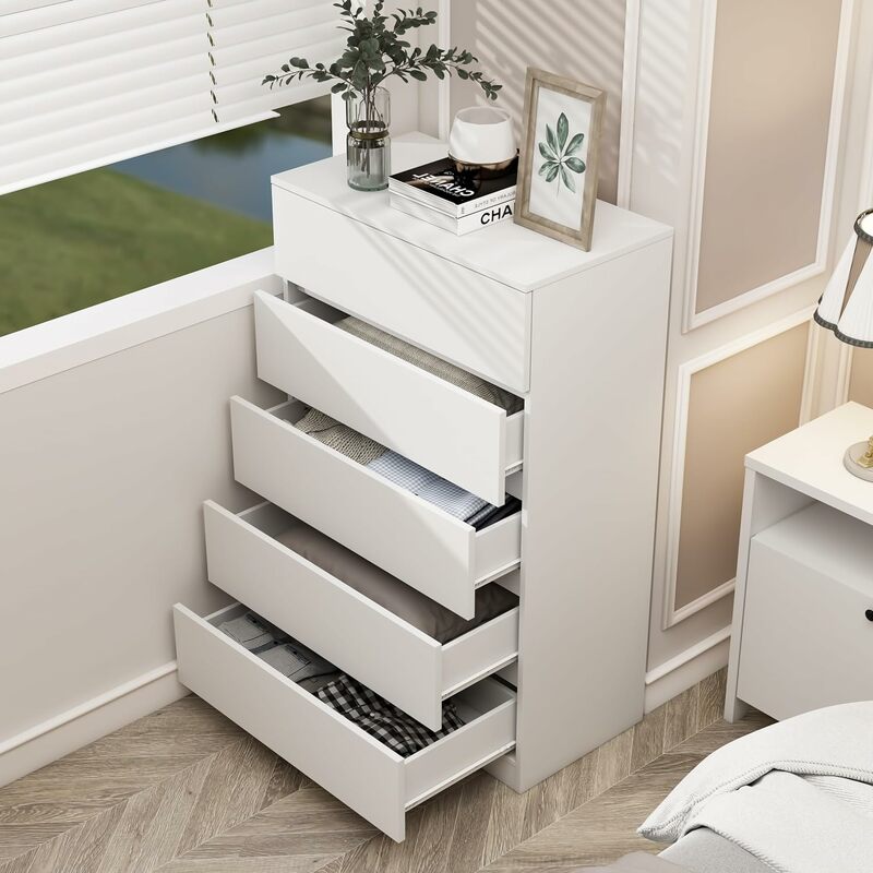 Aparador alto de madera para dormitorio, armario de almacenamiento moderno con 5 cajones para entrada