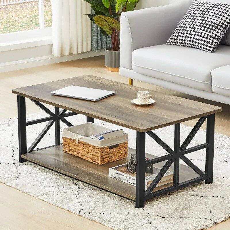 Coffee Table for Living Room with Round Corners Farmhouse Style Center Table with Storage Shelf 39 Inch Space Saving
