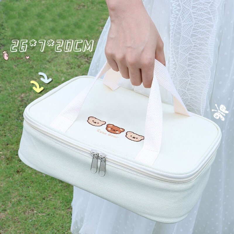 Large Capacity Embroidered Bear Lunch Box Bag New Cute Anti-cooling Portable Lunch Box Bag Portable Large Capacity Storage Bag