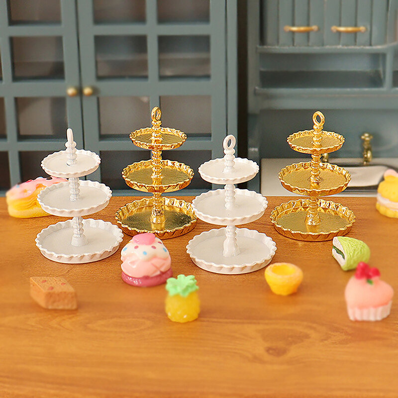Nampan buah berdiri kue, 1:12 miniatur rumah boneka, tiga lapisan dengan simulasi buah Model ornamen dekorasi rumah