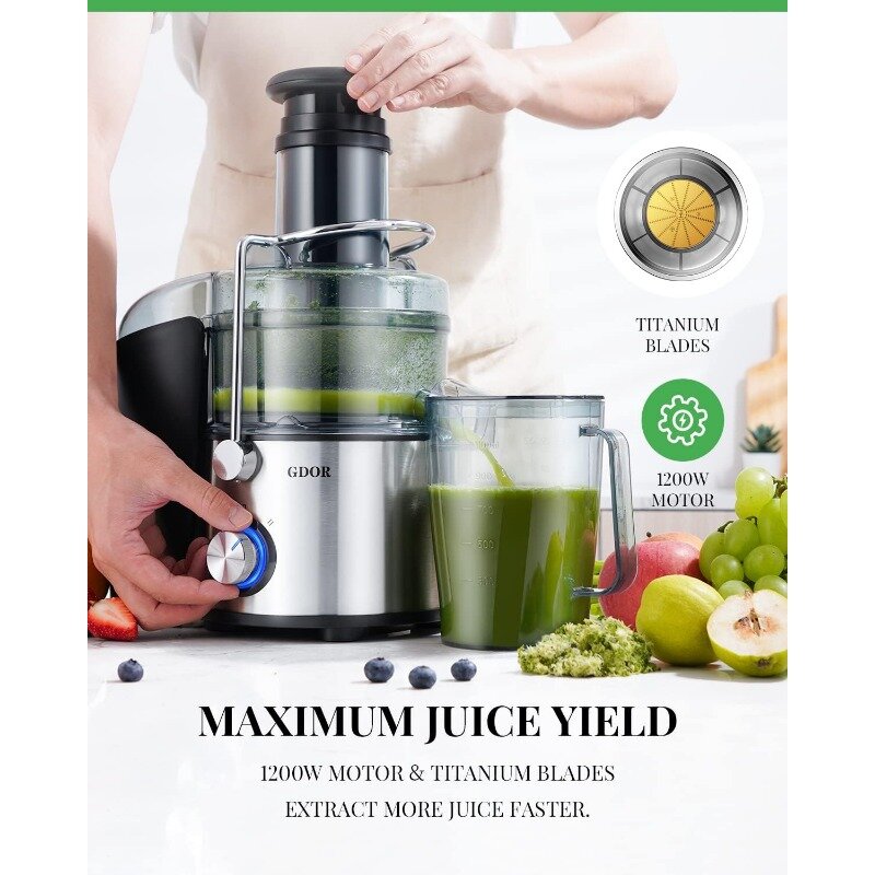 1200W GDOR Juicer with Titanium Enhanced Cut Disc, Larger 3” Feed Chute Juicer Machines for Whole Fruits and Vegetables