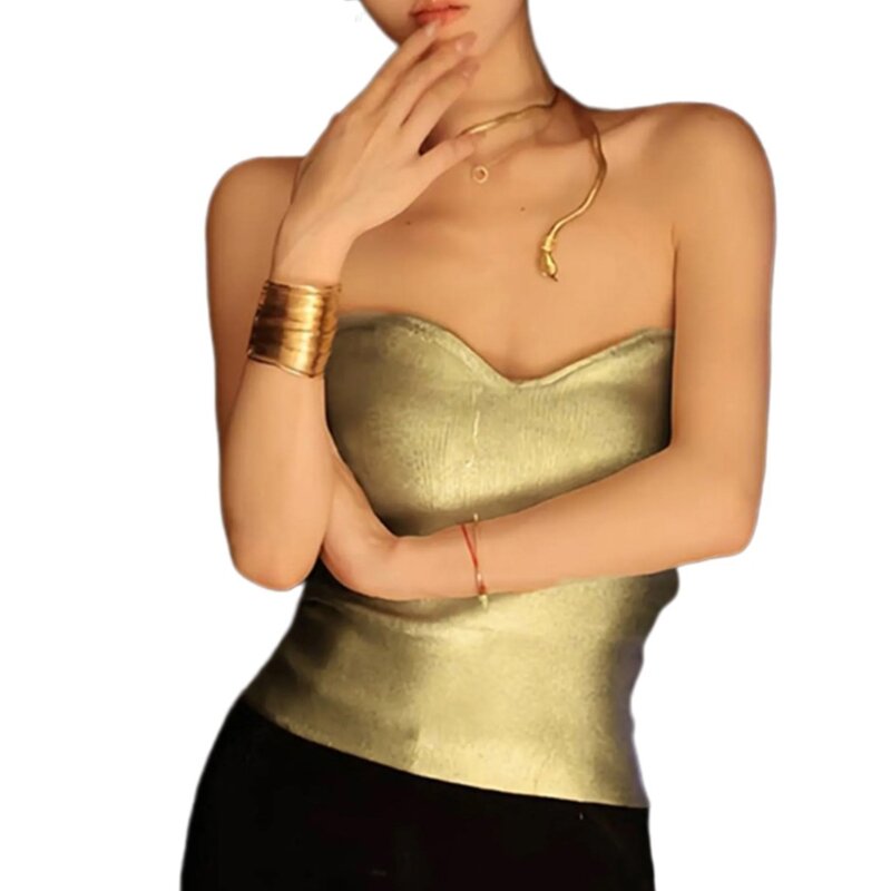 95AB Dames Glinsterende Metallic Strapless Bodycon Tube Crop Top Festival Party Sexy Backless Mouwloze Bandeau-vesten