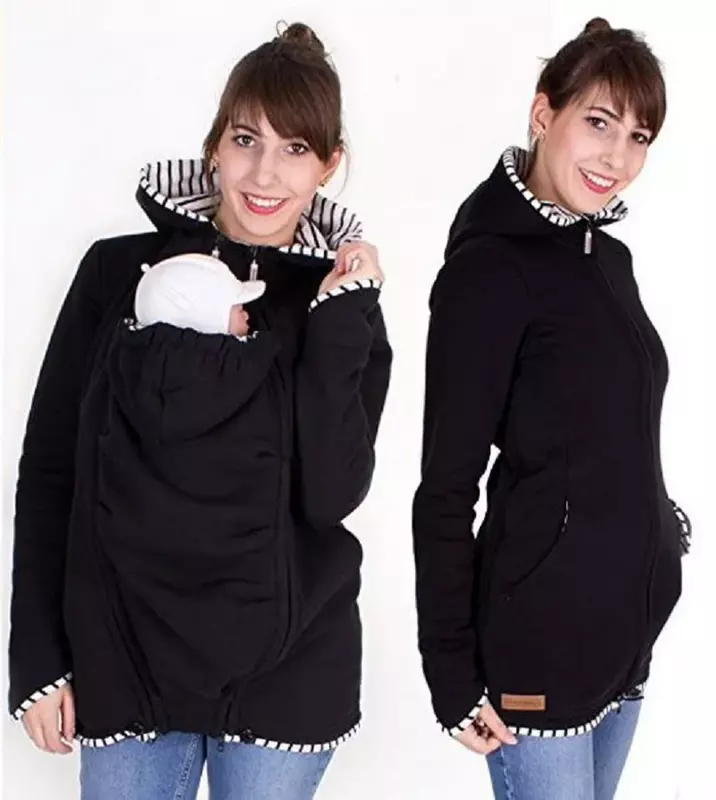 Women's Maternity Kangaroo Baby Carrier Sweatshirt Outwear Zipper Up 3 in 1 Hooded Coat Jacket for Baby and Mother Warm