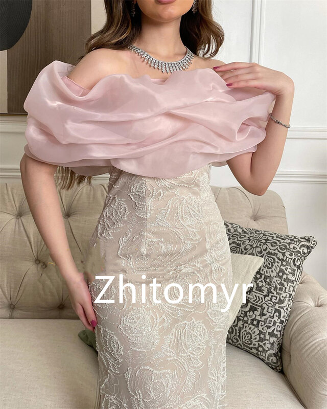 Exquisite High Quality Off-the-shoulder Sheath Cocktail Dresses Flower Hugging Anke length Skirts Charmeuse Evening Dresses