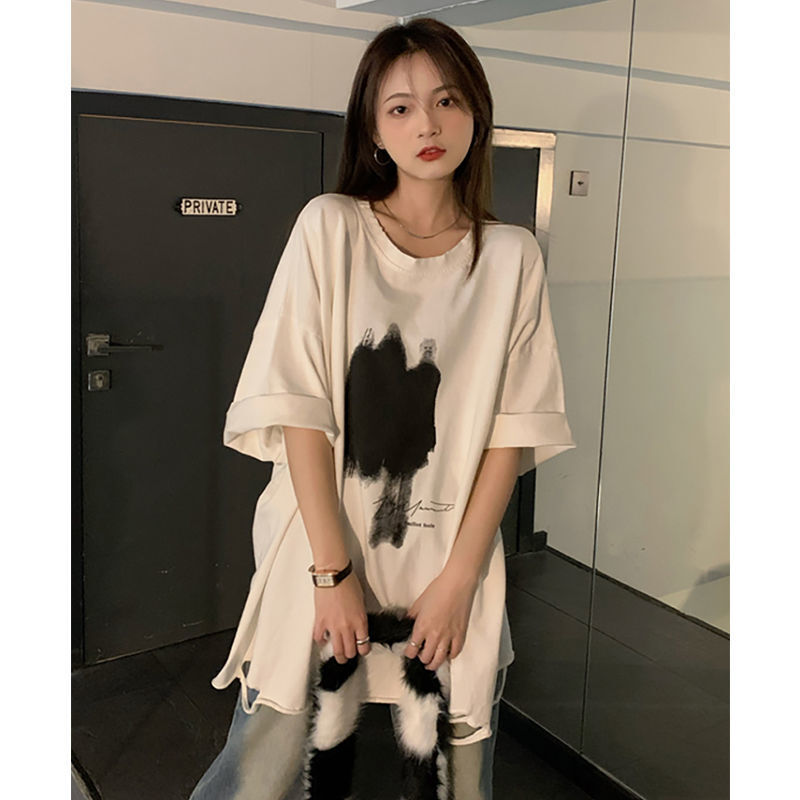 Camiseta holgada informal con cuello redondo para mujer, con agujeros ropa holgada, Tops de gran tamaño que combinan con todo, camiseta coreana 2024