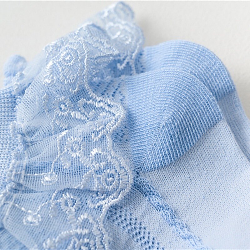 Calcetines tobilleros de malla con volantes de encaje para niñas, medias de princesa, transpirables, de algodón, color blanco y azul, de 1 a 12 años