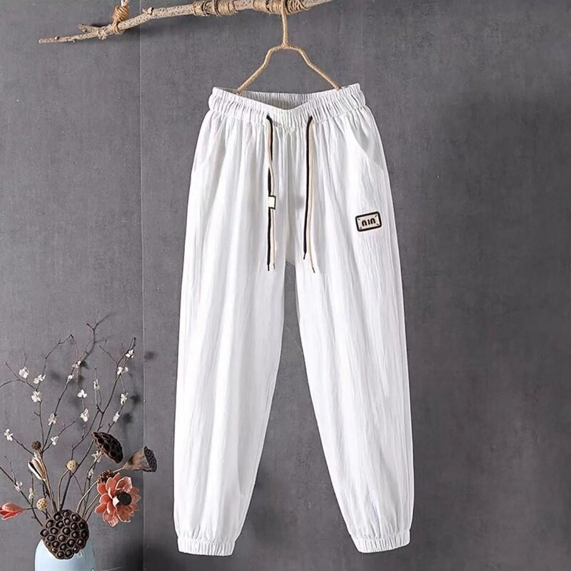 Mallas Harlan simples para mujer, pantalones holgados y adelgazantes recortados de gran tamaño, pantalones con cordón de talla grande, Color sólido