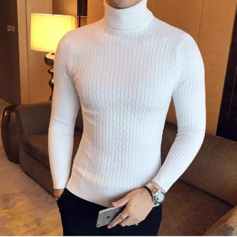 Suéter de gola alta coreano fino de cor sólida masculino, manga comprida, suéter de malha quente, camisa casual clássica, inverno, 2023