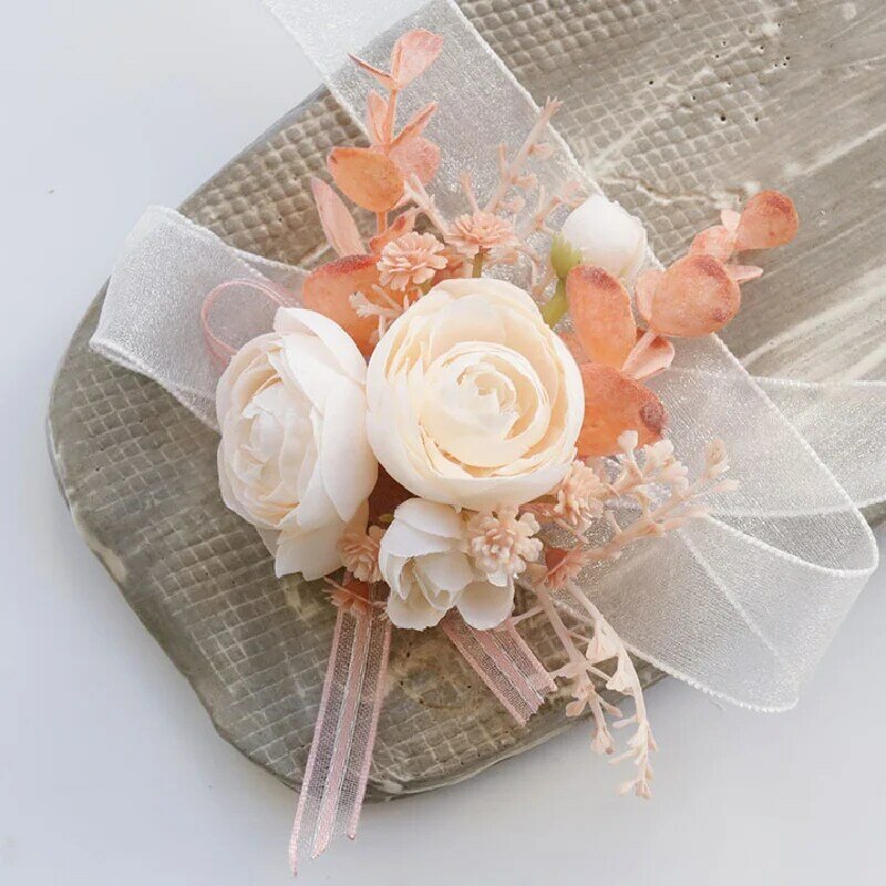 Artificial Hand Flower Corsage, suprimentos do casamento, banquete para convidados, pó de pêssego, noiva e noivo, 2403