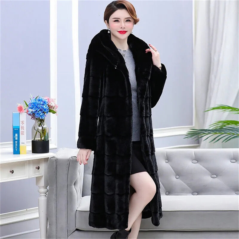 Высококачественное меховое пальто, женское длинное зимнее пальто, пальто из искусственной норки с капюшоном, толстая парка для мам среднего возраста, новинка 2022
