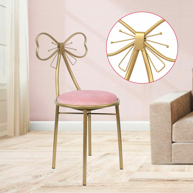 Chaise de courtoisie en velours rose avec coussin papillon doré, tabouret de maquillage, siège de loisirs, pieds en métal doré, salon
