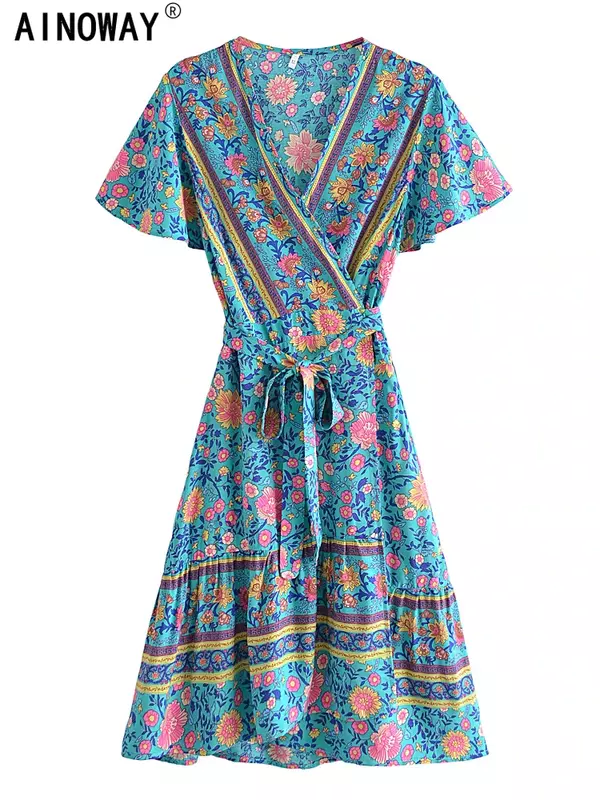 Vintage Chic Fashion Women Hippie Floral Print scollo a v Bohemian Mini Dress Ladies manica corta Summer Beach Wrap Boho Dresses
