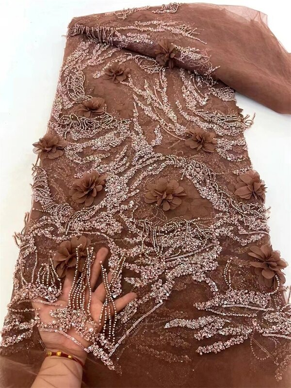 Tecido de renda de tule frisado francês, cauda de penas, tecidos de renda africanos com lantejoulas, material noturno, moda luxuosa, 2024
