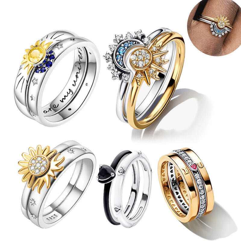 Gorąca wyprzedaż 925 srebrny niebiański niebieski pierścionek z błyszczącym księżycem oryginalny pierścionek z biżuterią dla pary markowy pierścionek