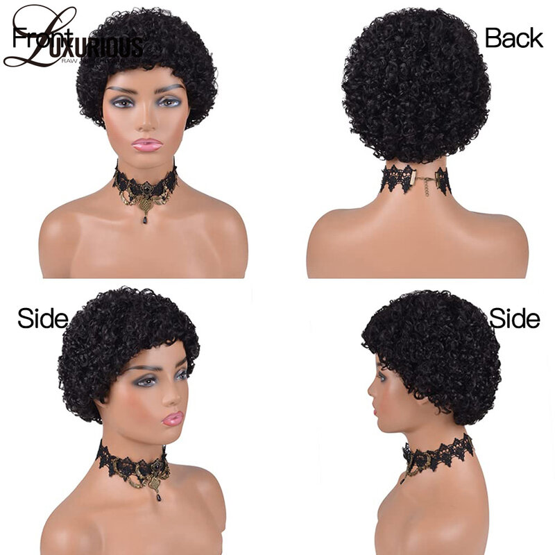 Pelucas de corte Pixie sin pegamento para mujeres negras, cabello humano virgen brasileño Remy, corto, Afro, rizado, hecho a máquina, 6 pulgadas