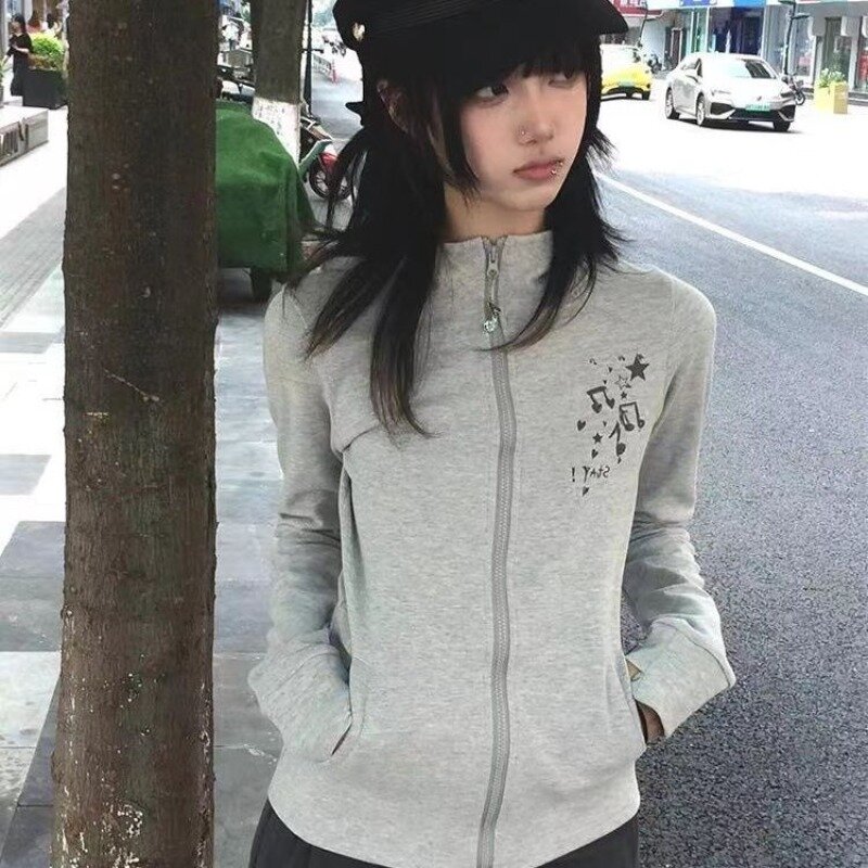 HOUZHOU-Sudadera con capucha para mujer, suéter con cremallera, estilo Harajuku, Y2k, gótico, Grunge, japonés, Vintage, 2000