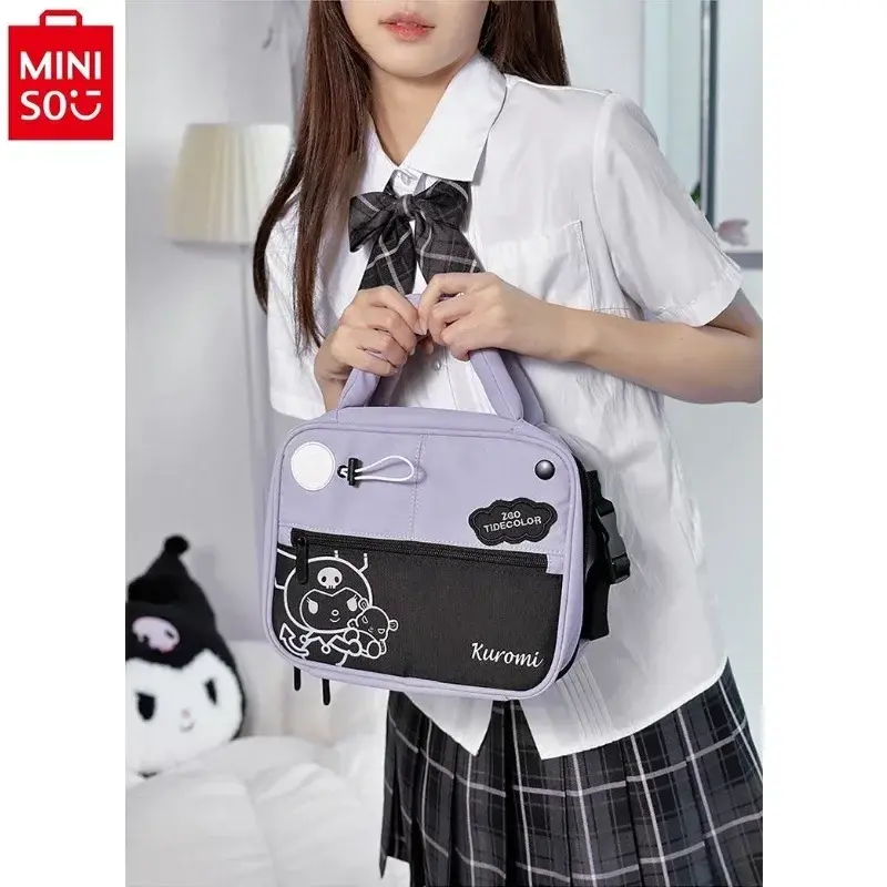 MINISO Sanurgente-Trousse de maquillage imprimée Hello Kitty Kuromi pour femme, sac de rangement portable de grande capacité, sac de rangement multifonctionnel pour étudiant
