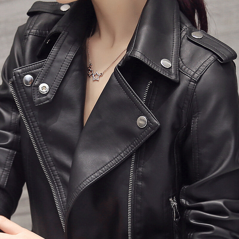 Jesienno-zimowa damska krótka skórzana płaszcz koreański, Slim czarny skóra motocyklowa kurtka kobiety odzież wierzchnia zapinana na suwak kurtka kobiety ubrania