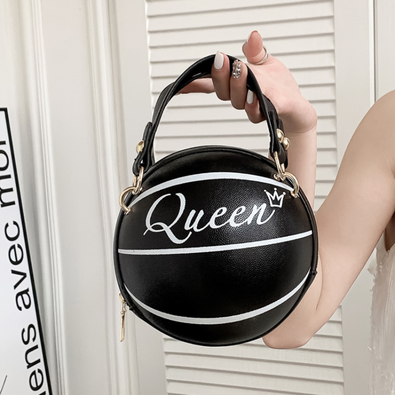 Bolsa feminina redonda de basquetebol, bolsa de desenho animado personalizada, bolsa de couro pequena, carta impressa, única e fofa, tendência feminina, 2023