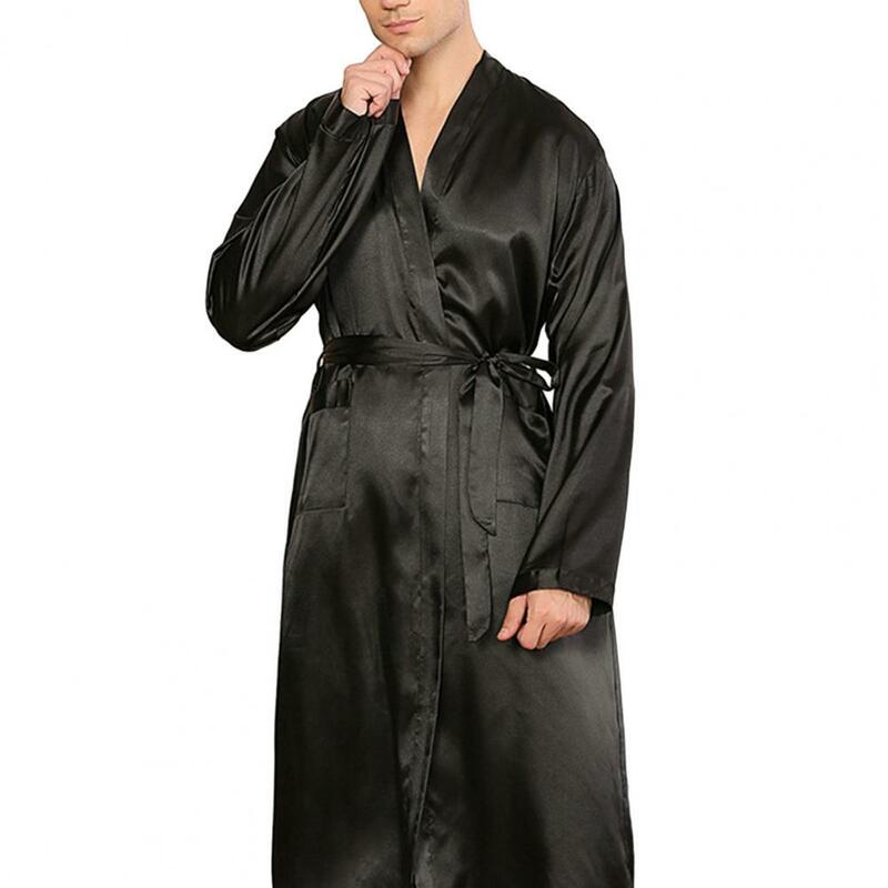 Men Bathrobe Smooth Satin V Neck Lace Up Waist Belted Long Sleeve Solid Color Pockets Soft Breathable Homewear Nightgown