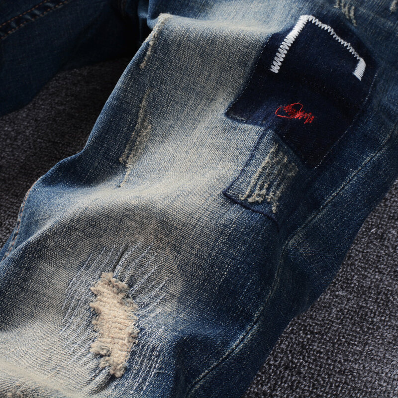 Calça jeans rasgada com ajuste fino elástico masculino, bordado, calça jeans vintage, moda streetwear retrô, azul