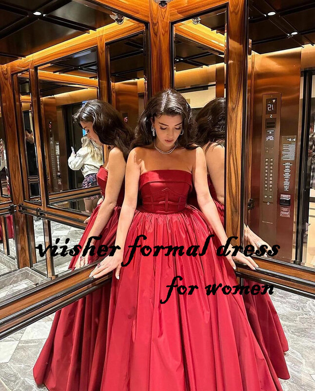Gaun malam Satin merah untuk wanita tanpa tali A Line gaun pesta Prom panjang lantai gaun pesta pernikahan Dubai Arab