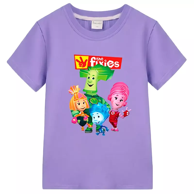 Fixies 만화 그래프 티셔츠, 재미있는 반팔 상의, 100% 코튼 여름 아동복, y2k 원피스 소녀 의류