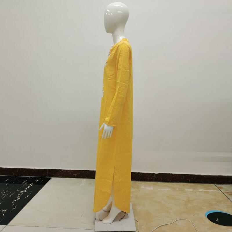 Gaun lengan panjang motif etnik wanita, gaun Maxi kasual lengan panjang motif cetak dengan belahan samping leher V rendah untuk musim panas