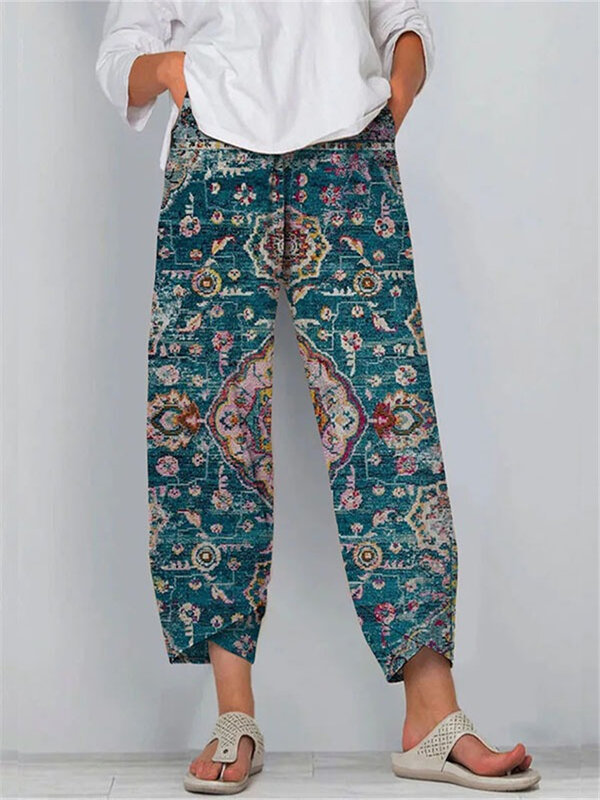 กางเกงพิมพ์ลายโบฮีเมียนย้อนยุคฤดูร้อนกางเกง Y2k วินเทจสตรีทแวร์กางเกงเดินชายหาดของผู้หญิงกางเกงรัดรูปทรงหลวมมีกระเป๋าชิค