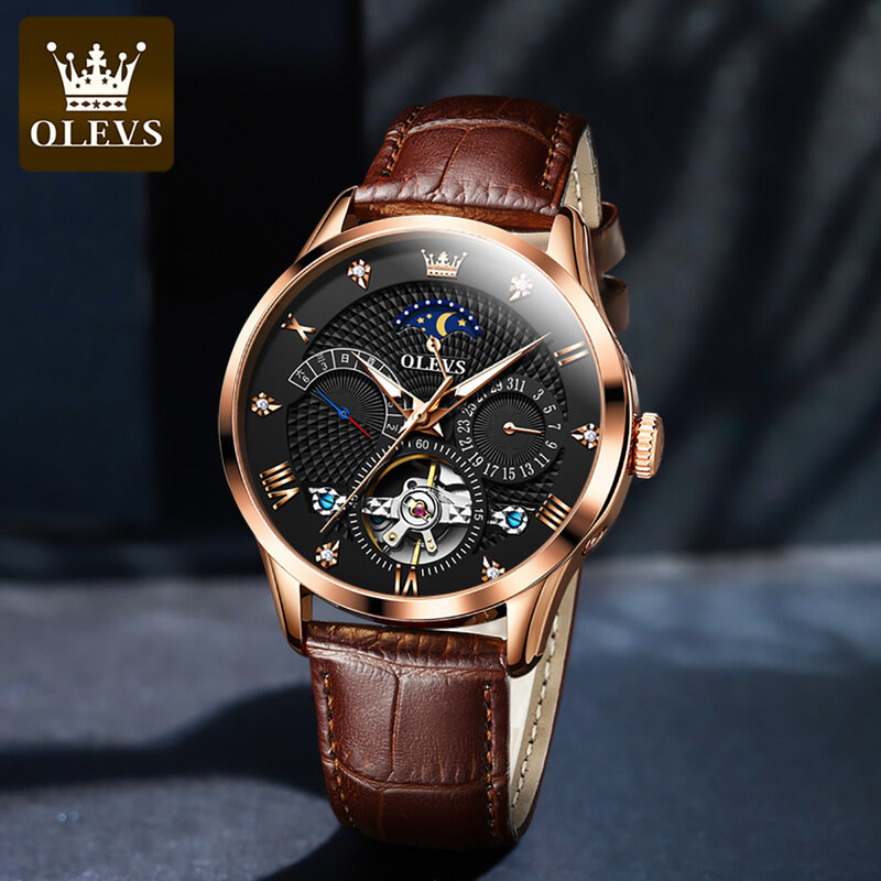 OLEVS-Relógio automático masculino de luxo, volante oco, relógio de pulso mecânico original, pulseira de couro, fase lunar