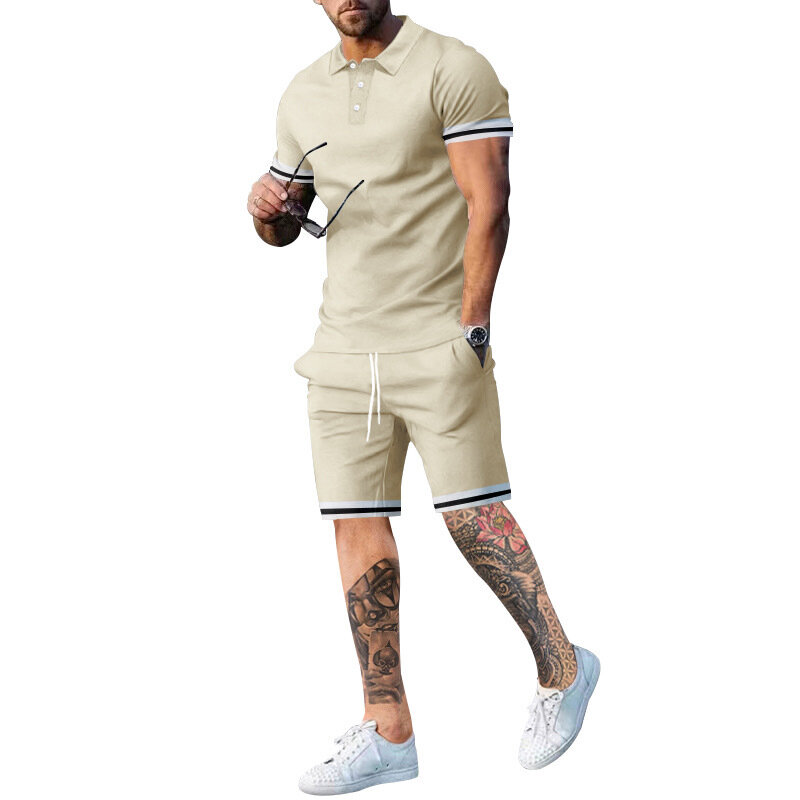 Terno esportivo de manga curta masculino, camisa polo com botão de lapela, shorts com renda, terno casual de negócios, moda verão