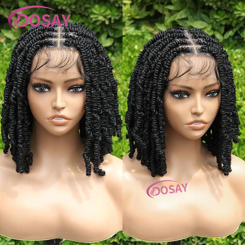 Dosay wig kepang renda penuh 12 inci untuk wanita, wig kepang gairah sintetis tanpa simpul untuk musim semi, Bob pendek perempuan, warna hitam