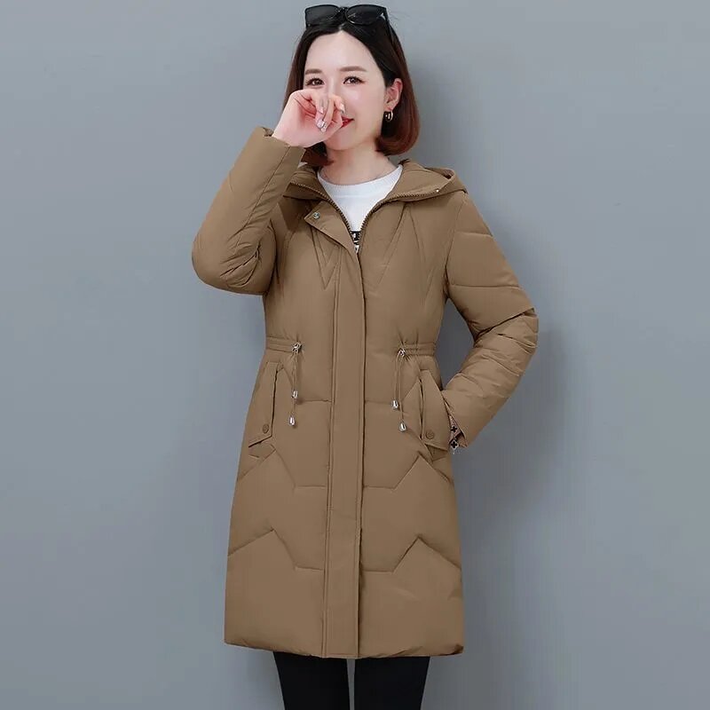Женская Толстая зимняя куртка большого размера, новинка 2023, модное приталенное подходящее ко всему хлопковое пальто, теплые парки с капюшоном, женская одежда