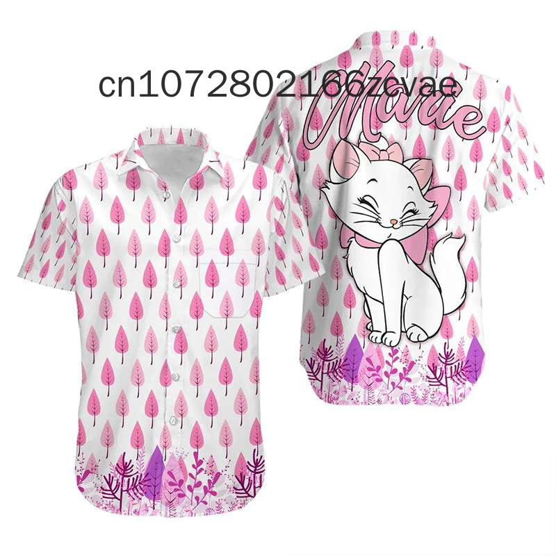 Marie ze swoim z różową kokardką koszula hawajska Disney koszula hawajska męska modny guzik koszulka z krótkim rękawkiem koszula hawajska kot Marie