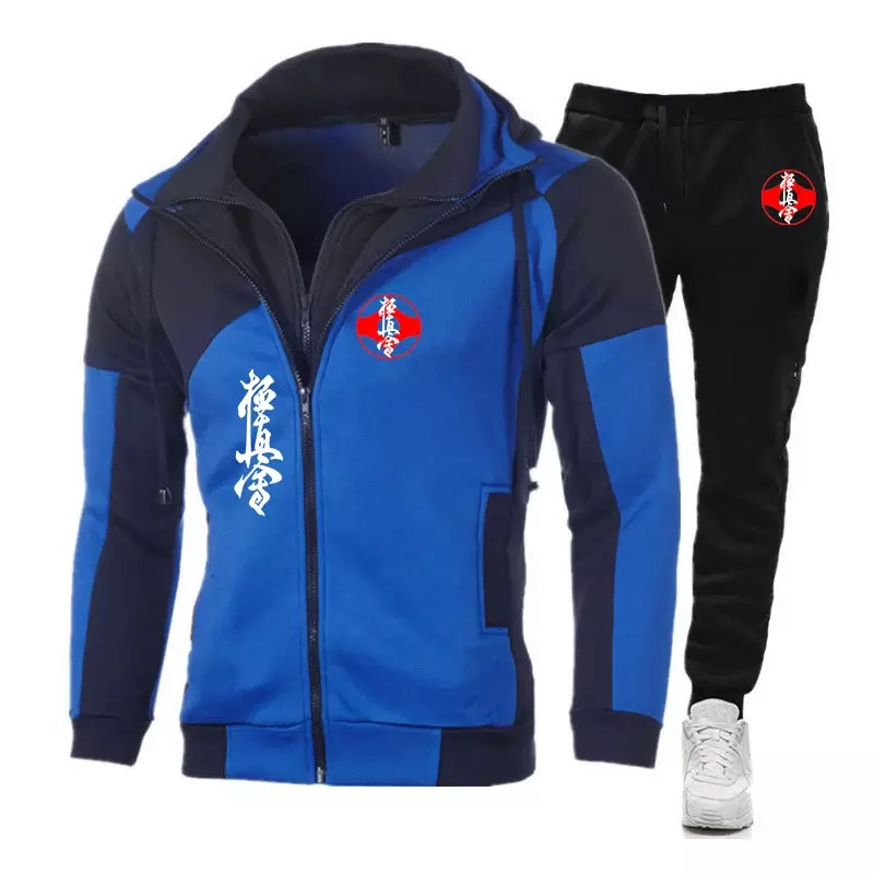 Kyokushin Karate 2024 Men's New Patchwork Hoodies Tracksuit Cotton Long Sleeve Hooded Zip Jogging Trouser Fitness Two Piece Suit