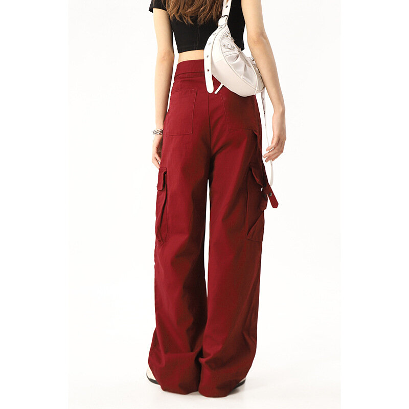 Celana kerja Burgundy High Street musim gugur dengan celana fungsional viche desain Niche untuk wanita celana kasual lurus Ins